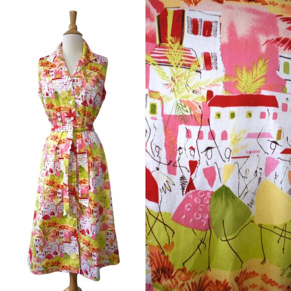 Vintage 90s Danny & Nicole Novelty Scenic Women Abstract Art Vacation Dress - Picture 1 of 9